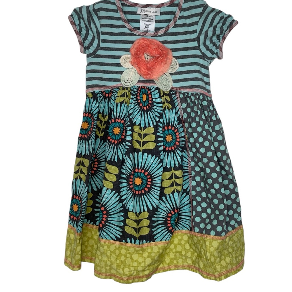 Bonnie Jean Kids Striped and Floral Dress - Blue and Green